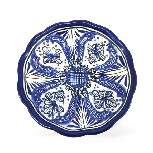 Alba Mexico Cobalt Blue Floral Hand Painted Embossed Small Dish Bowl 7 in. - Picture 1 of 10